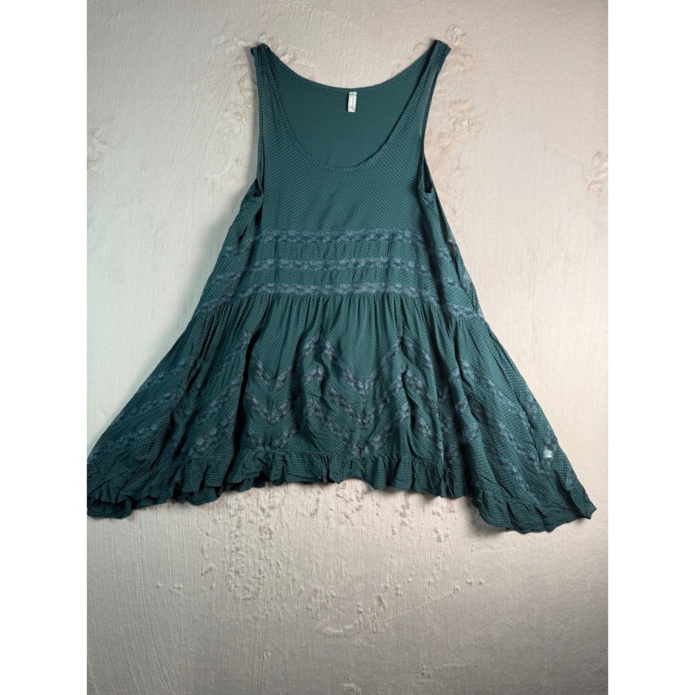 Free People Mini Dress Tank Top Women S Green Excellent Polka Dot Lace Boho Trim